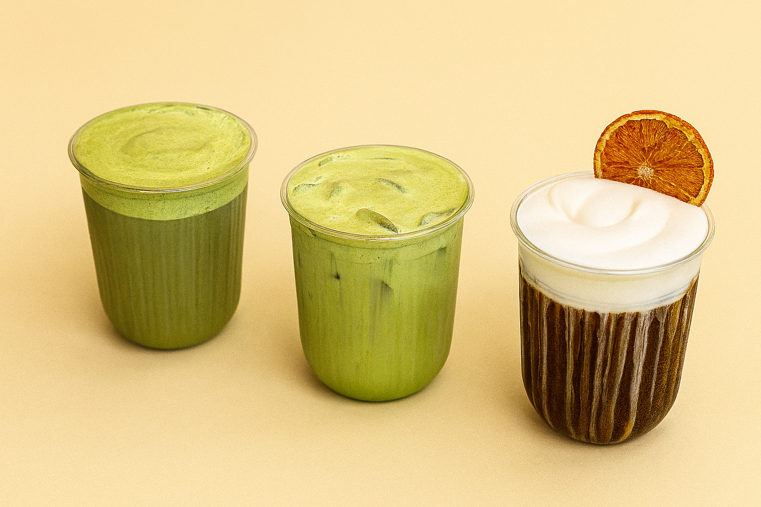 Three iced matcha drinks on blue tile